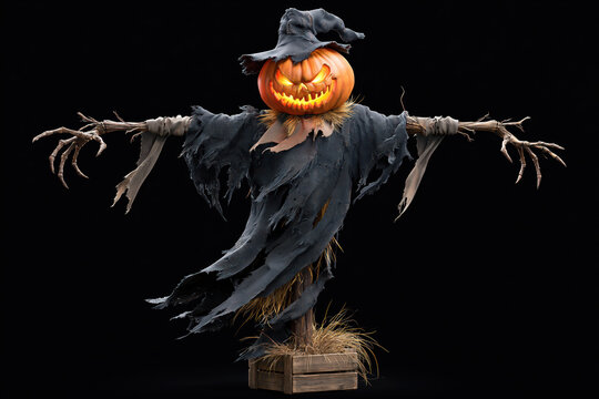 Halloween scarecrow pumpkin head spooky figure ragged cloak tattered straw creepy smile on wooden box