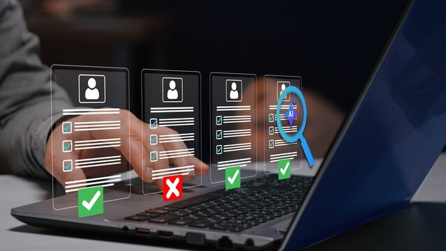  Employee approval process management. Digital documents with check marks verified staff records and online HR management.
