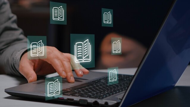 E-library, many e-book icons, electronic books online, knowledge base on internet, digital library or e-library
