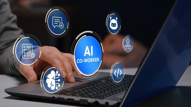 AI co worker assistant concept. Artificial intelligence and virtual assistant icons, smart workplace collaboration, task automation and productivity enhancement.
