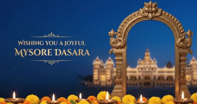Horizontal Mysore Dasara festival background template featuring illuminated Mysore Palace, ornate golden arch, marigold flowers, and lit diyas