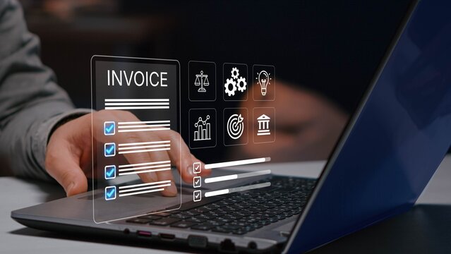 Invoice management concept. Billing and financial document icons, digital invoicing, payment processing and accounting workflow.
