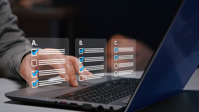 Online survey exam interface with completed questions and selected answers. Technology concept for digital assessment, student testing.
