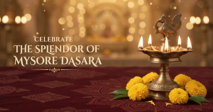 Horizontal Mysore Dasara festival background template featuring celebration text, ornate multi-wick brass diya with peacock motif, lit flames, marigold flowers, and golden bokeh