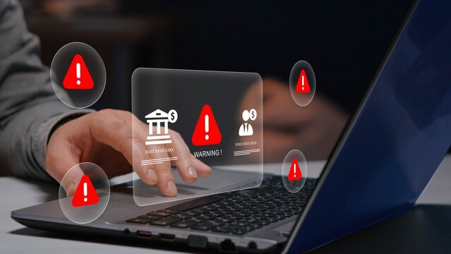 Businessman with Financial Warning Icons and Alert Symbols &ndash; Cybersecurity Risk and Fraud Detection Concept, Online Banking Security, Data Breach Prevention, Financial Compliance Monitoring
