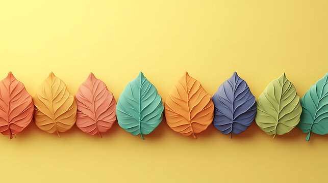 Horizontal row of colorful claymorphism autumn leaves on yellow background offering huge copy space for ecommerce banner