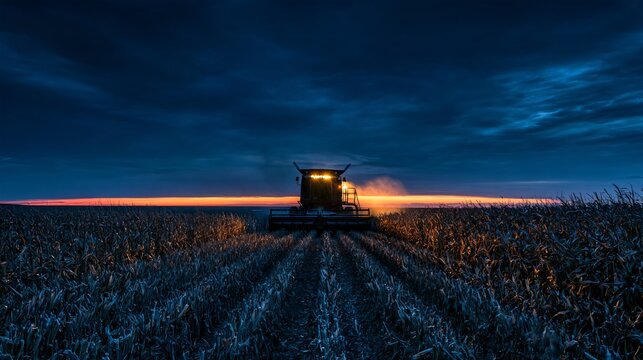 A dramatic corn harvest photograph captured immediately after sunset, with a combine harvester silhouetted against a deep cobalt sky and a narrow band of orange light on the horizon