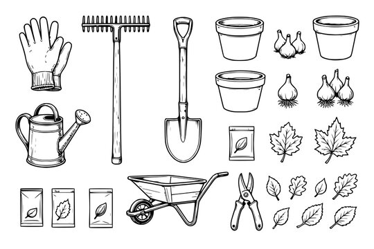 Agricultural implements and gardening icons drawn in a clean black line art style.