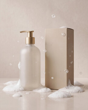 Premium Bodywash Bottle with Scattered Foam and Packaging Box