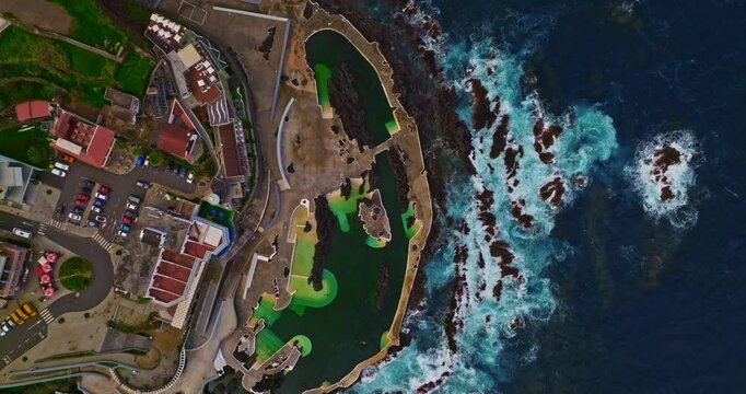 Aerial view of incredibly beautiful natural pools on the Atlantic coast in Porto Moniz, Madeira, Portugal