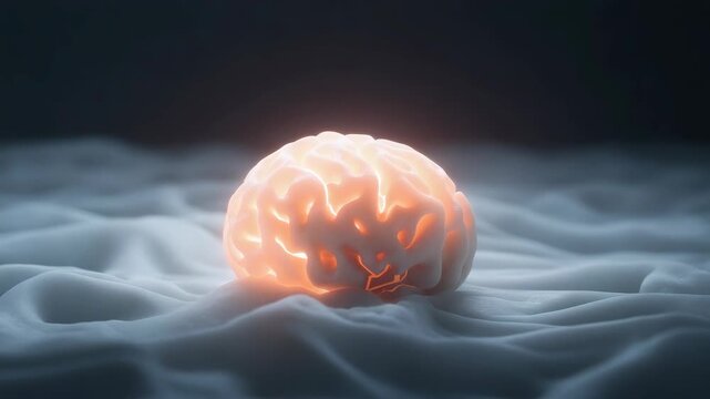 Glowing human brain model resting on folded white fabric. Internal light pulsing inside cerebral hemisphere concept of intellect