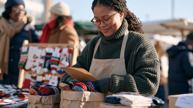 Nigerian market vendor wraps colorful pairs of wool socks in brown paper parcels on national sock day at an outdoor winter stall, handmade sock display behind her showing playful
