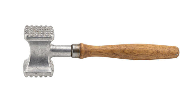 Sturdy metal meat tenderizer with a textured head and a light brown wooden handle, isolated on a clean white background