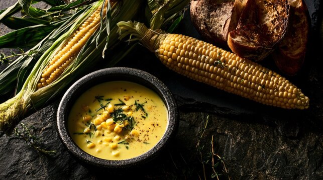 A sophisticated autumn food composition featuring fresh corn harvested at peak ripeness alongside a bowl of golden corn chowder, toasted bread and delicate herbs on a dark stone dining table