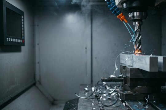 Glowing cut point of a CNC end mill in aluminium inside a misty machine bay