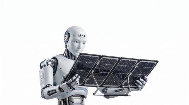 Advanced humanoid robot carefully examining a set of portable solar panels against a clean white background
