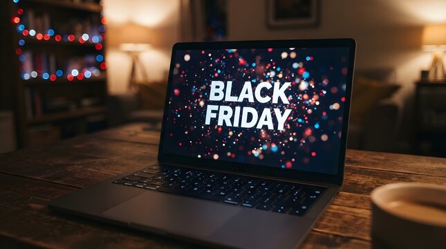 Black friday sale concept with text displayed on a laptop screen in a cozy dimly lit room with bokeh lights in the background