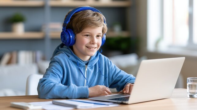 Smiling Boy in Headphones Studying Online with Laptop at Home