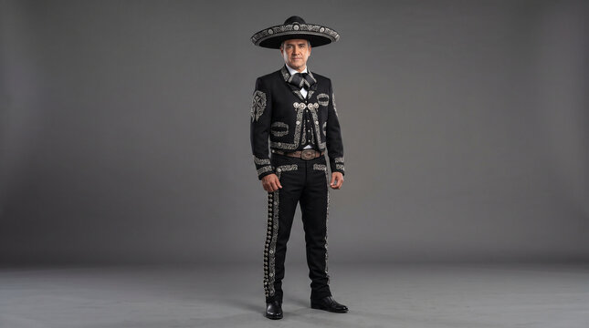 Man in traditional charro suit posing with sombrero in studio setting  