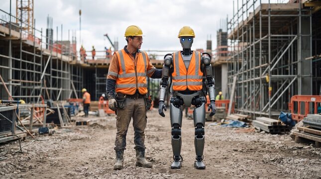Construction worker and advanced robot collaborate on a building site symbolizing future of industry and technology integration