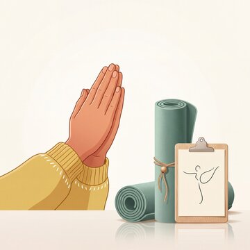 Hands in Namaste Gesture with Yoga Mats and Clipboard