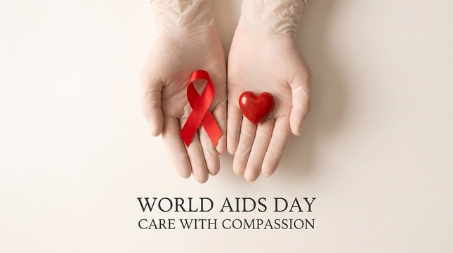 Hands holding a red awareness ribbon and a heart shape for world aids day medical support concept