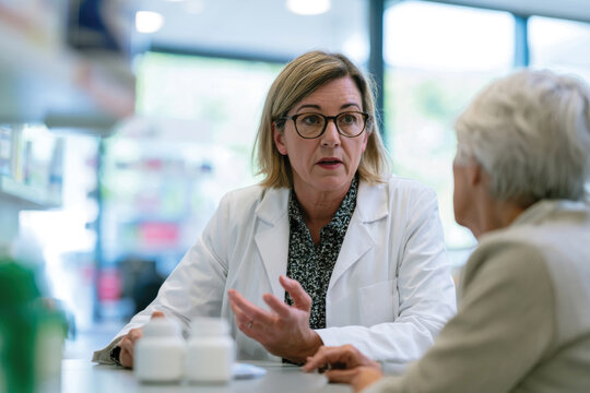 A pharmacist is in a conversation with a senior patient at a pharmacy, illustrating the essential role of healthcare professionals in patient well-being and medication management.