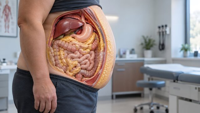Side view 3D medical illustration of abdominal visceral fat and subcutaneous layer