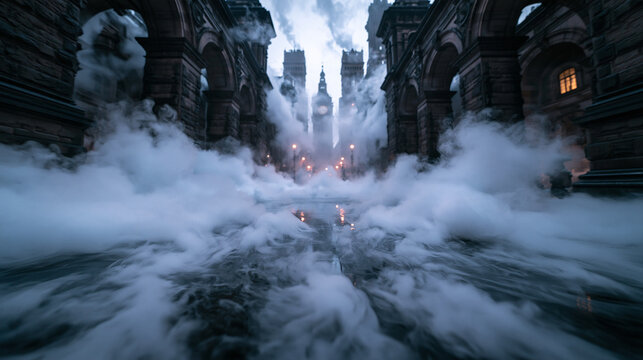Gothic City Street Covered in Thick Fog and Steam