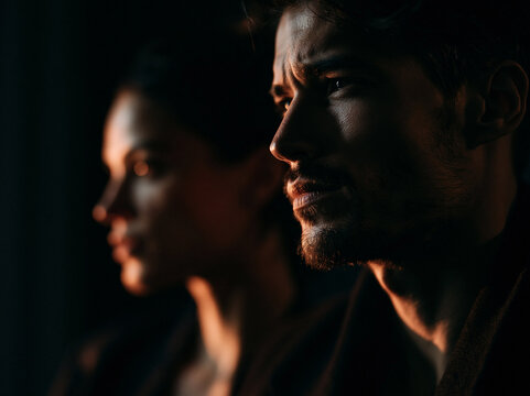 Dramatic Cinematic Portrait of Serious Couple in Low Light
