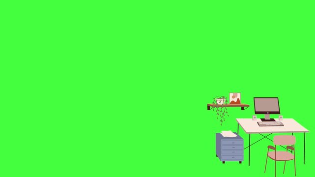 Flat vector animated cozy workspace corner featuring a laptop on a green screen background