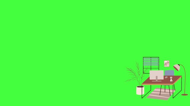 Flat vector animated cozy workspace corner featuring a laptop on a green screen background