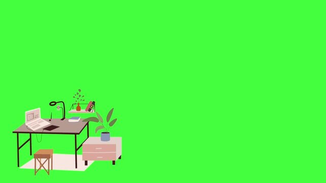 Flat vector animated cozy workspace corner featuring a laptop on a green screen background
