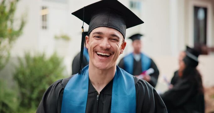 Face, man and student at campus for graduation, ceremony and learning diploma for degree completion. Portrait, male person and graduate outdoor with regalia, accolade award and education milestone