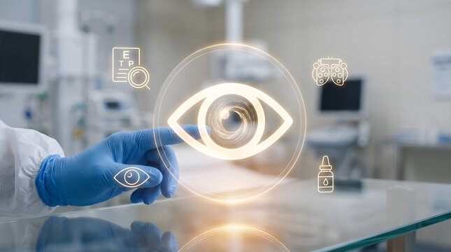 Ophthalmology digital interface with glowing eye icon, doctor hand in blue glove touching futuristic virtual screen, modern optometry clinic background for vision care concepts