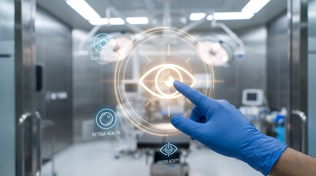 Futuristic ophthalmology surgery HUD interface, surgeon hand in blue glove touching virtual eye scan in operating room, advanced laser eye surgery technology and medical clinic concept