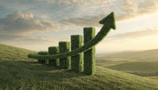 Green grass bar chart with upward arrow on rolling hills