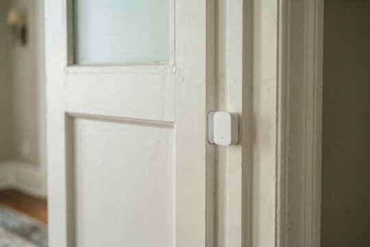 Wireless contact sensor and magnet on a white door frame in a quiet hallway