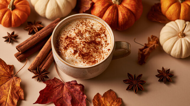 Pumpkin spice latte autumn coffee cinnamon mug cozy fall drink seasonal leaves