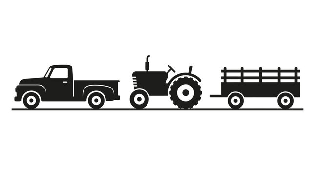 Vintage pickup truck and farm tractor pulling wooden cargo trailer icons in simple black silhouette design