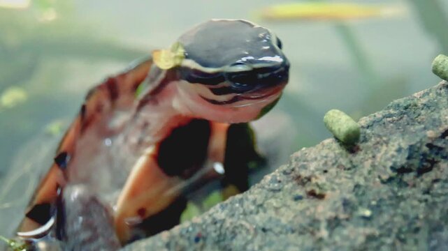 Close-up to an adorable juvenile Philippine box turtle (Cuora philippinensis) emerging from the water to eat a food pellet on the edge of a rock yet failing on the first attempt. Philippines