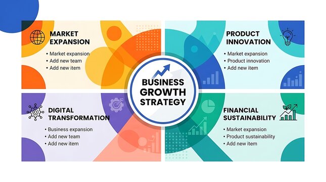 A detailed business growth strategy infographic design featuring four colorful sections including market expansion, product innovation, digital transformation, and financial sustainability