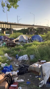 An underpass serves as an impromptu settlement with scattered tents and belongings highlighting urban homelessness.