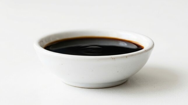 Soy Sauce in a White Ceramic Bowl Isolated on White Background