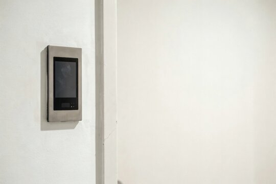 Fingerprint reader on a brushed steel plate beside a door in an office corridor