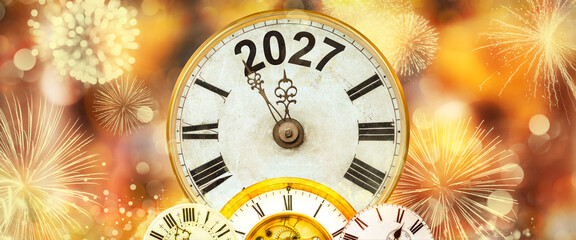 2027 New Year with clock counting down to midnight with golden background and fireworks