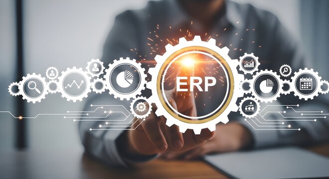 Enterprise Resource Planning Concept. Professional touching glowing ERP gear icon with interconnected business data symbols. Ideal for corporate presentations and software marketing.