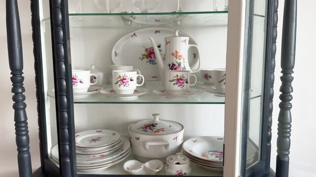 Antique porcelain tableware: a set of plates, cups and saucers, a soup tureen, serving dishes. The set is displayed in a vintage sideboard