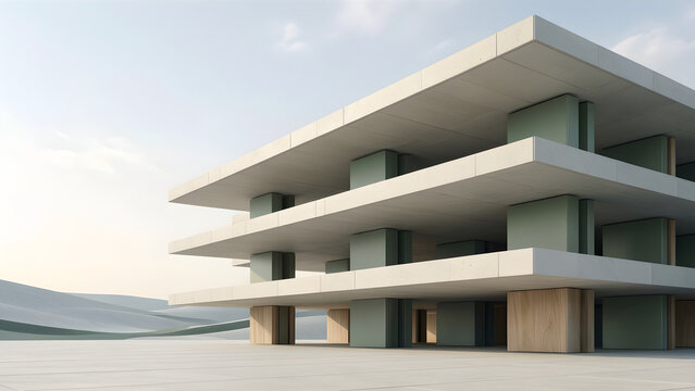 Deep perspective environment of stacked cantilevered blocks with physically credible supports, with its physical process or state transition clearly visible for construction, balance and progress