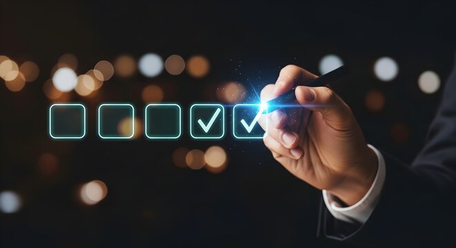 Business Quality Assurance businessman hand using a digital pen to select a glowing checkmark icon on a virtual interface ideal for corporate compliance and project management.